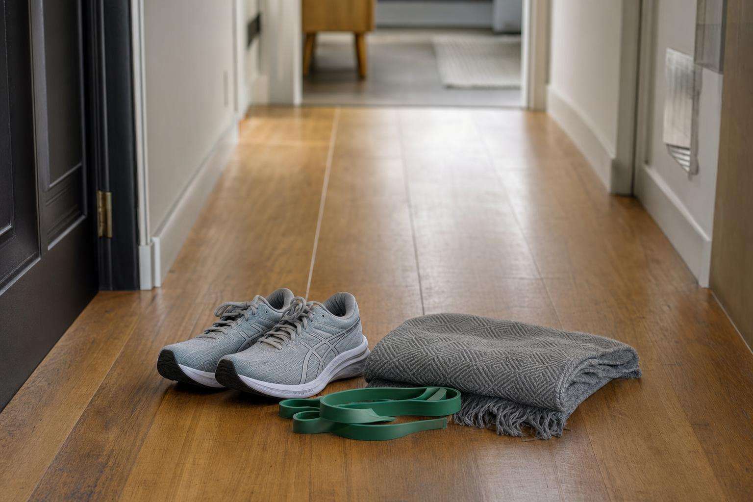 Walking shoes and resistance band beside baby blanket, no people