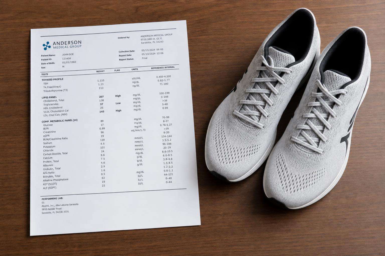 Lab report with A1C and glucose values beside walking shoes, no people