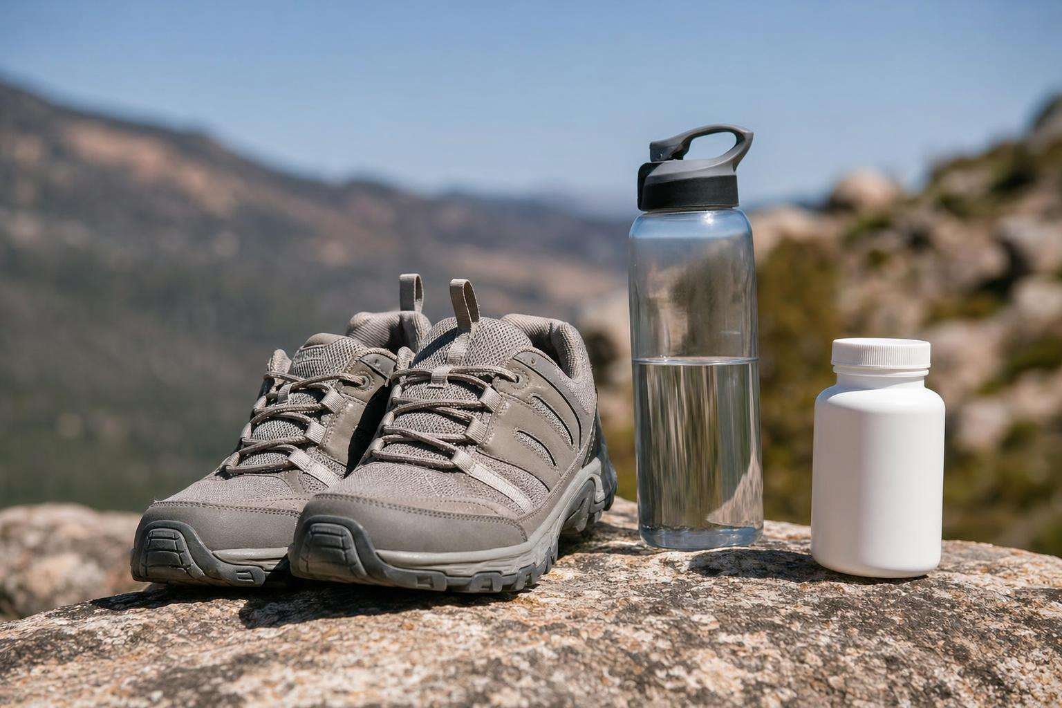 Maternity walking shoes and water bottle on path, no people