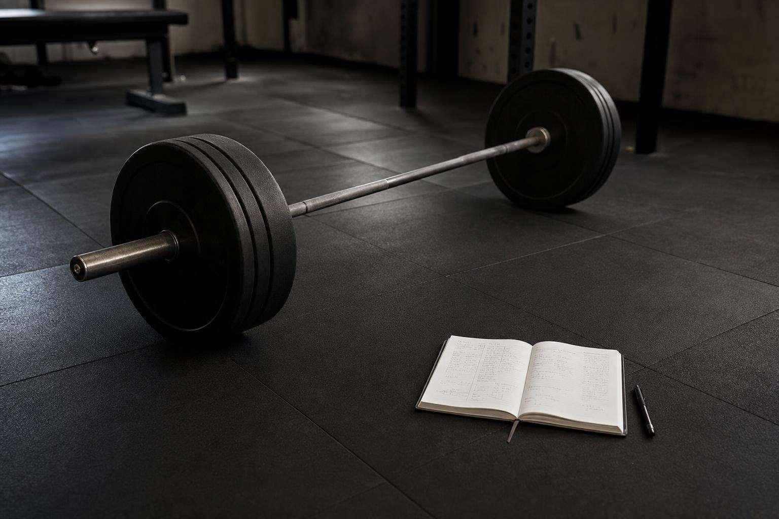 Barbell and notebook training log on a gym floor, no people