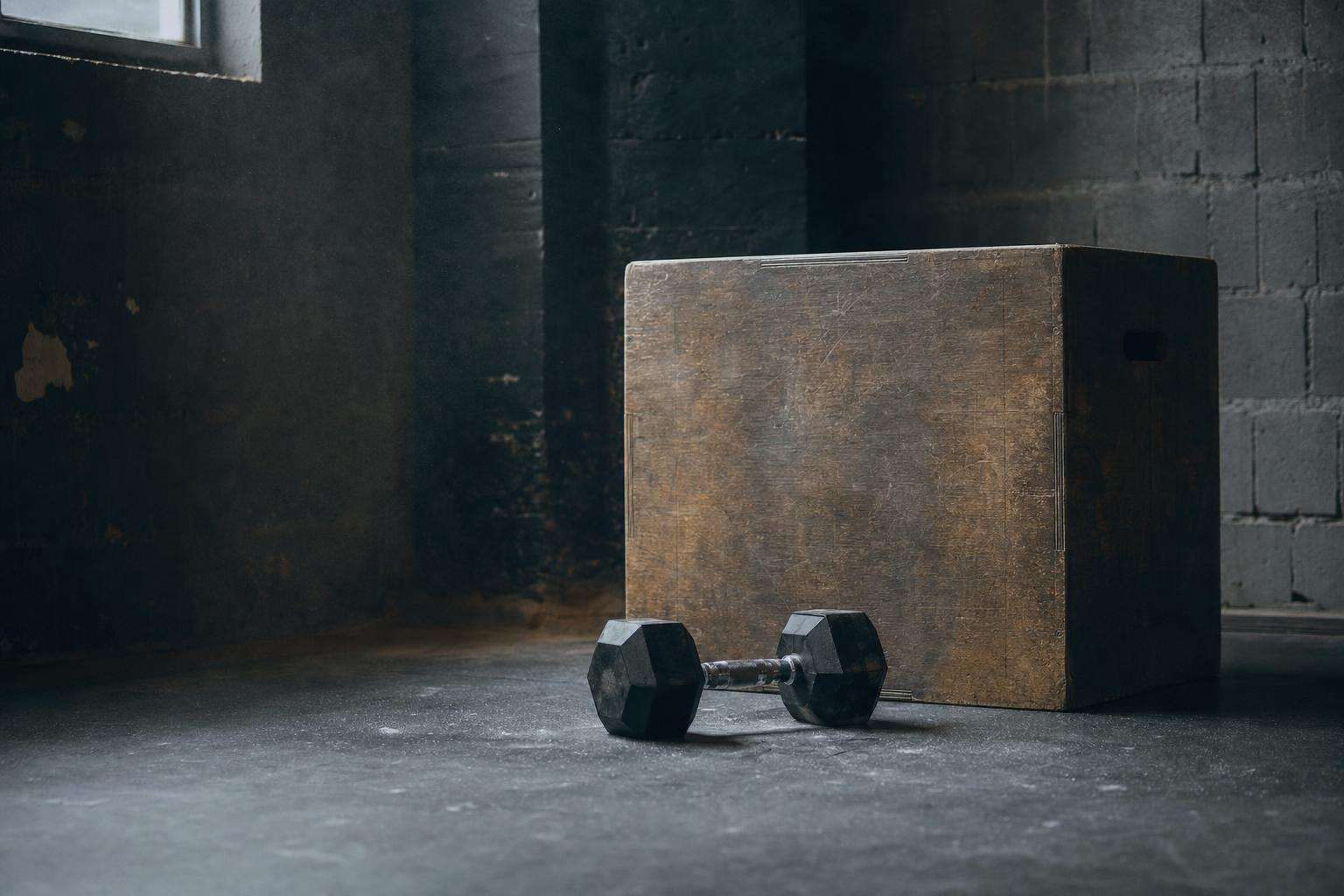 Dumbbell goblet squat setup markers on gym floor, no people