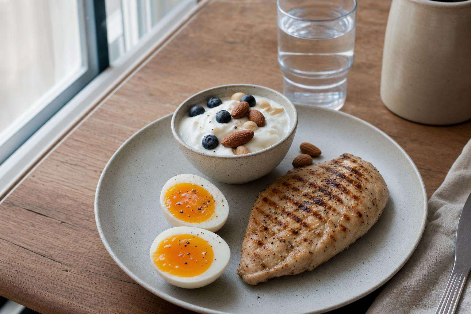Grilled chicken, eggs, and Greek yogurt high-protein meal on a simple plate, no people
