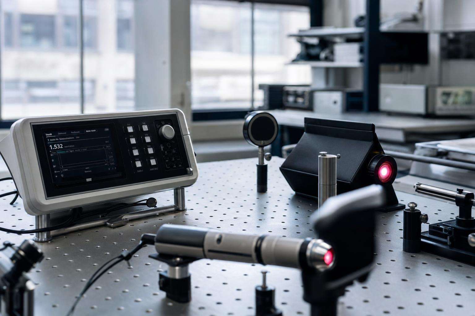 LED panel and handheld laser device on lab bench with lux meter, no people