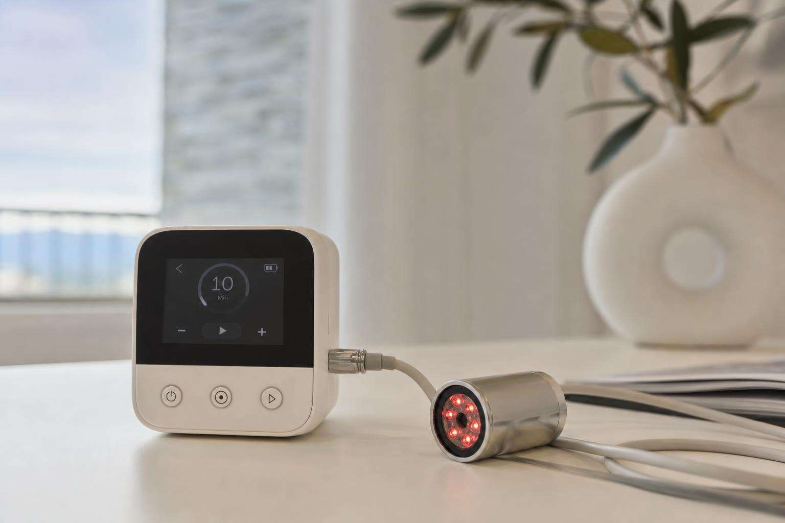 Home LED mask beside clinical probe device on table, no people