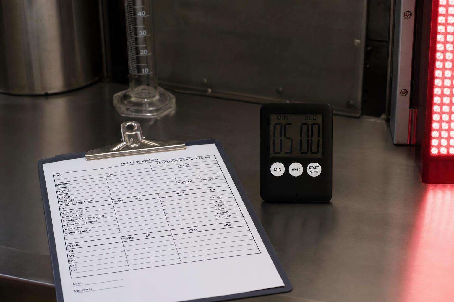 Notebook with dose equation beside red LED panel and stopwatch, no people