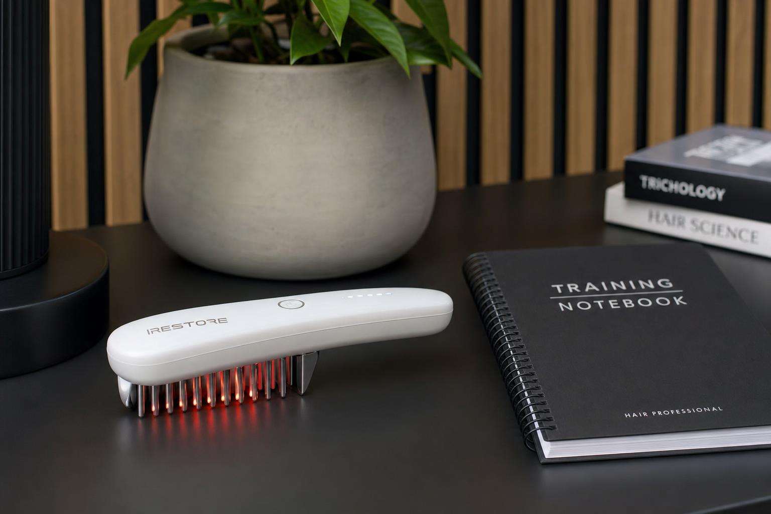 Hair density chart printout beside red LED comb device, no people