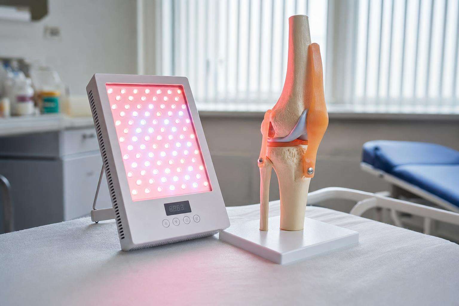 Knee joint model beside small red LED device, no people