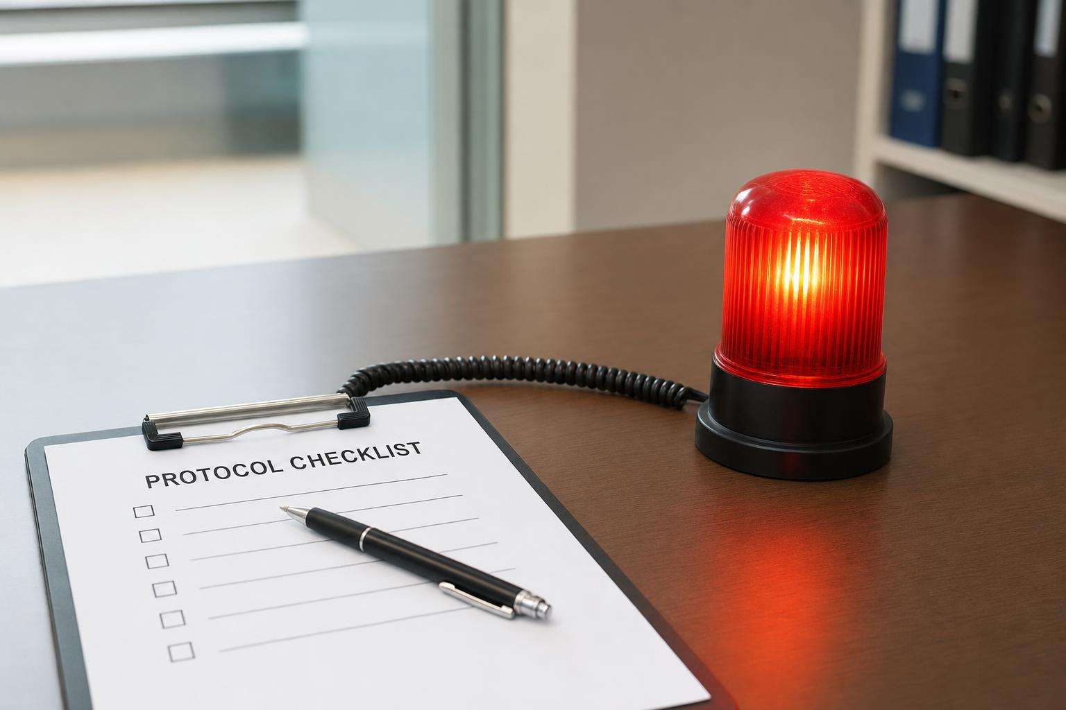 Checklist clipboard labeled goals beside red LED panel, no people