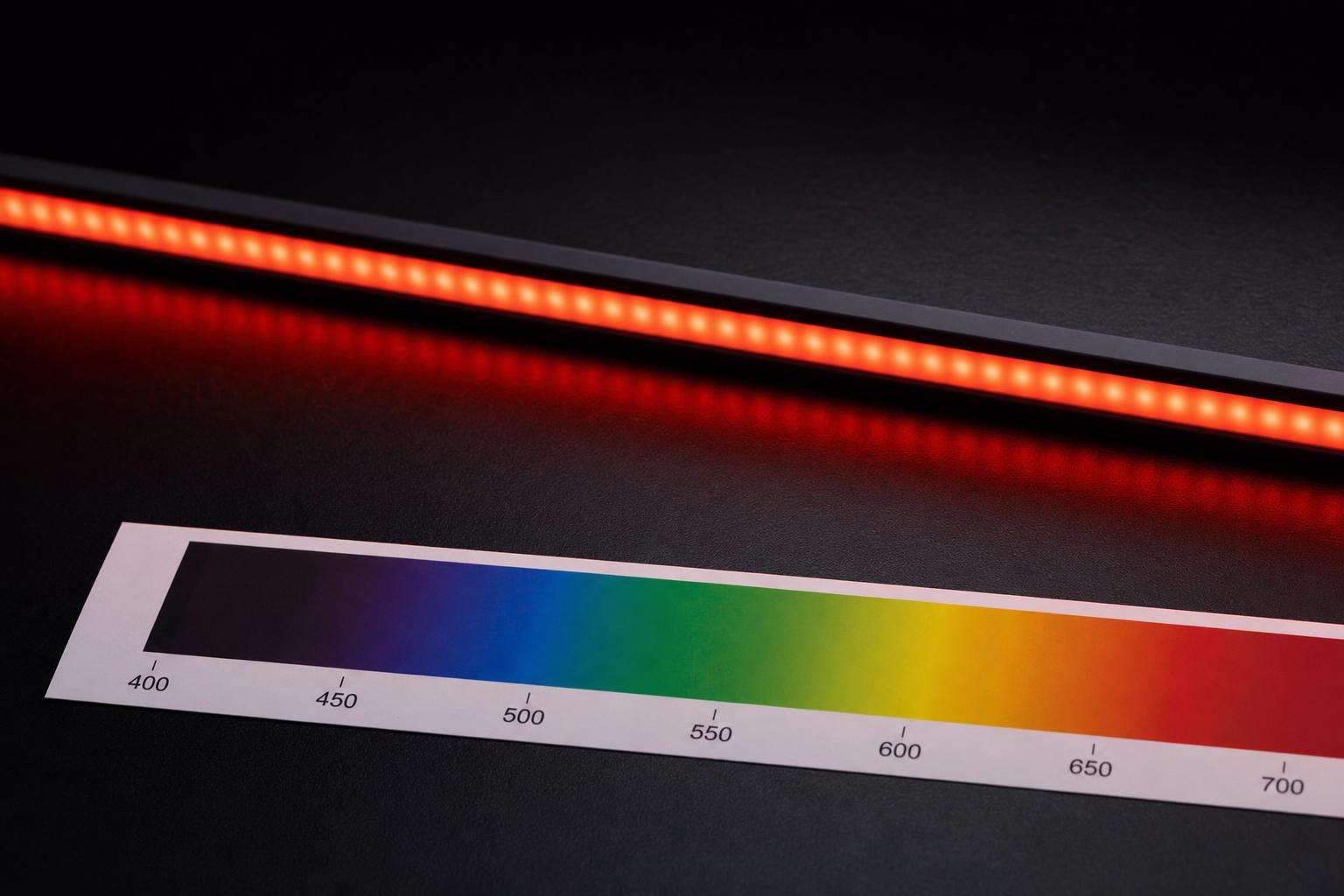 Spectral wavelength diagram card beside LED panel edge, no people