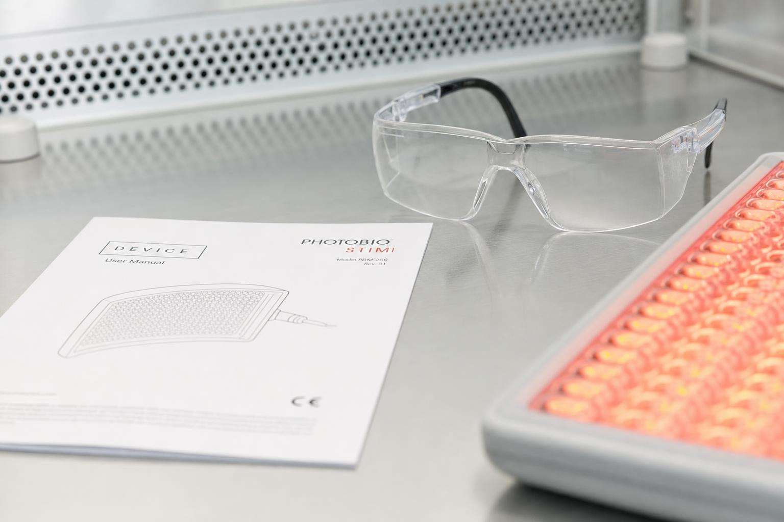Protective goggles beside red LED panel and warning checklist, no people