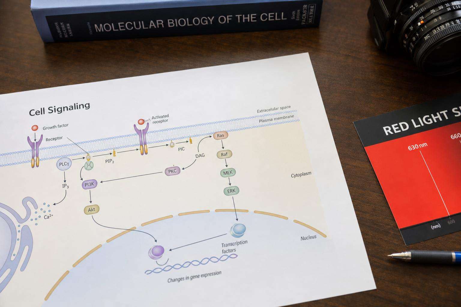 Mitochondria diagram printout beside red wavelength spectrum card, no people