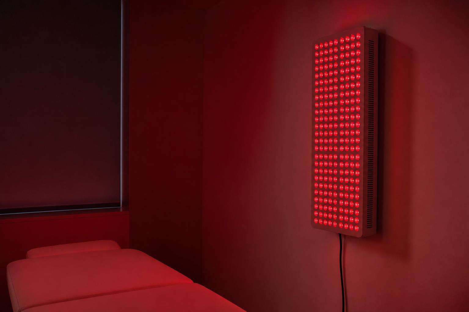 Red and near-infrared LED panel glowing in a clean clinical-style recovery space, no people