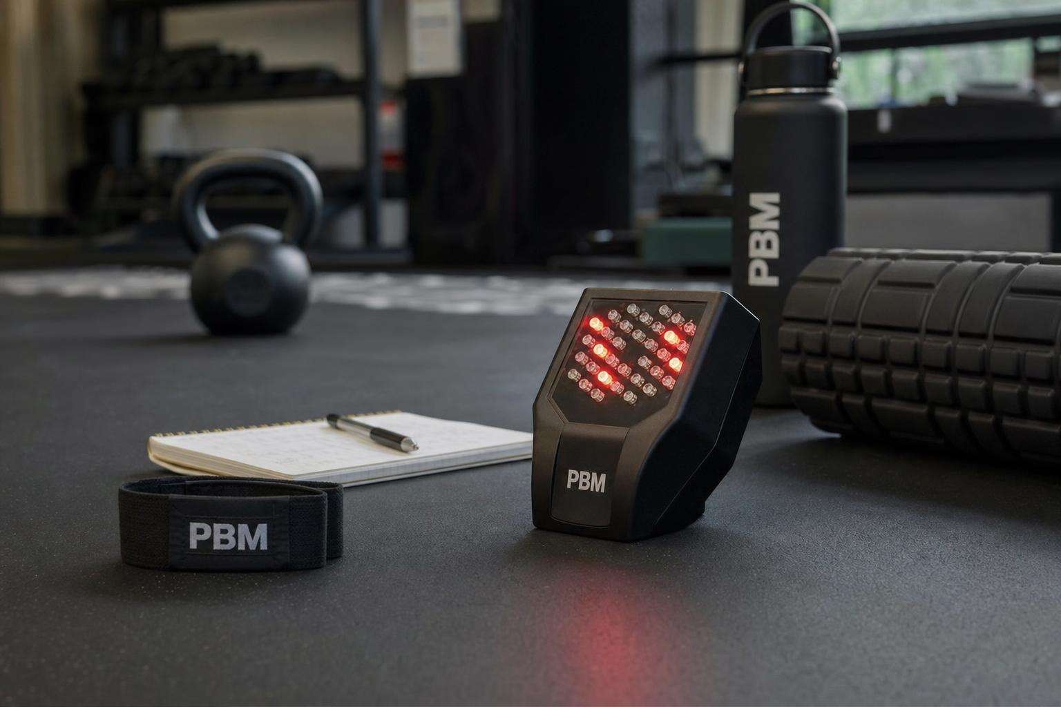 Athletic tape and red LED cluster device beside training log, no people