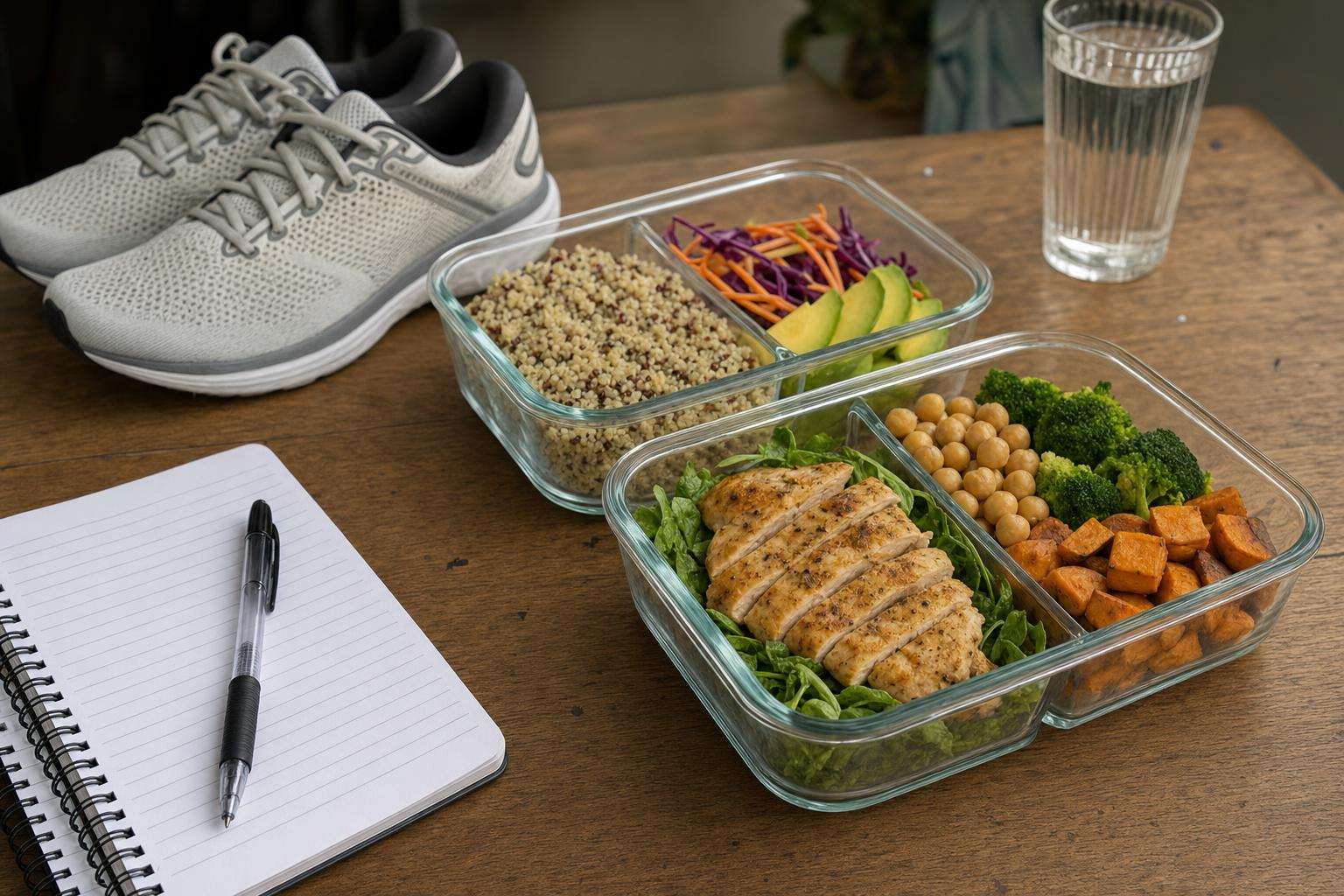 Running shoes and a full balanced meal prep container on a wooden table, no people