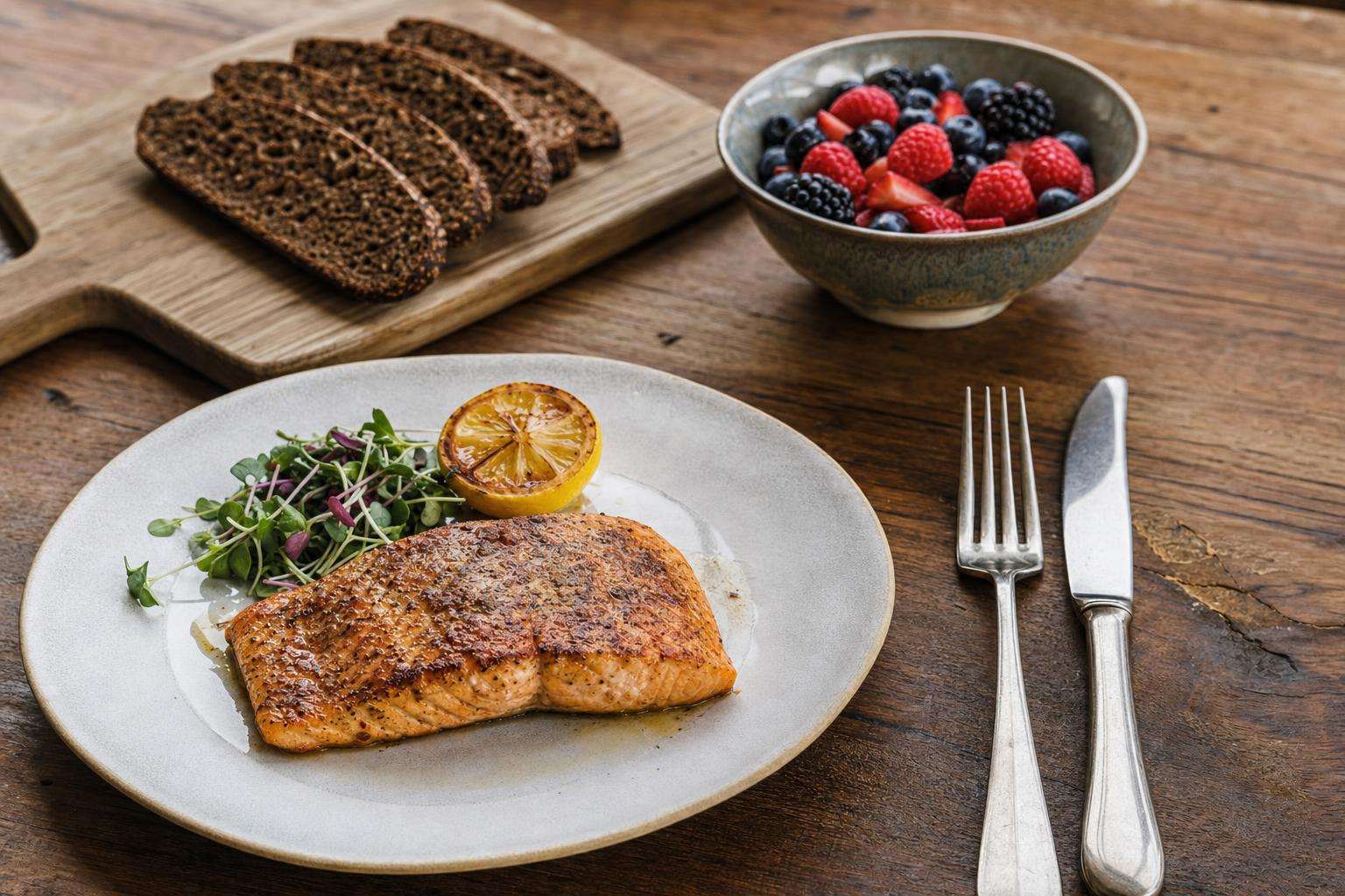 Rye bread, berries, and fish on Nordic-style table, no people