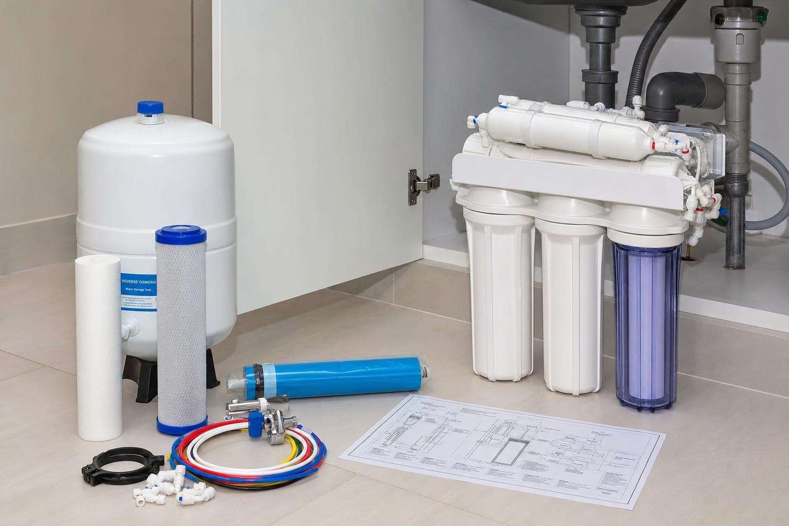 Under-sink reverse osmosis tank and faucet beside a whole-house filter housing diagram printout