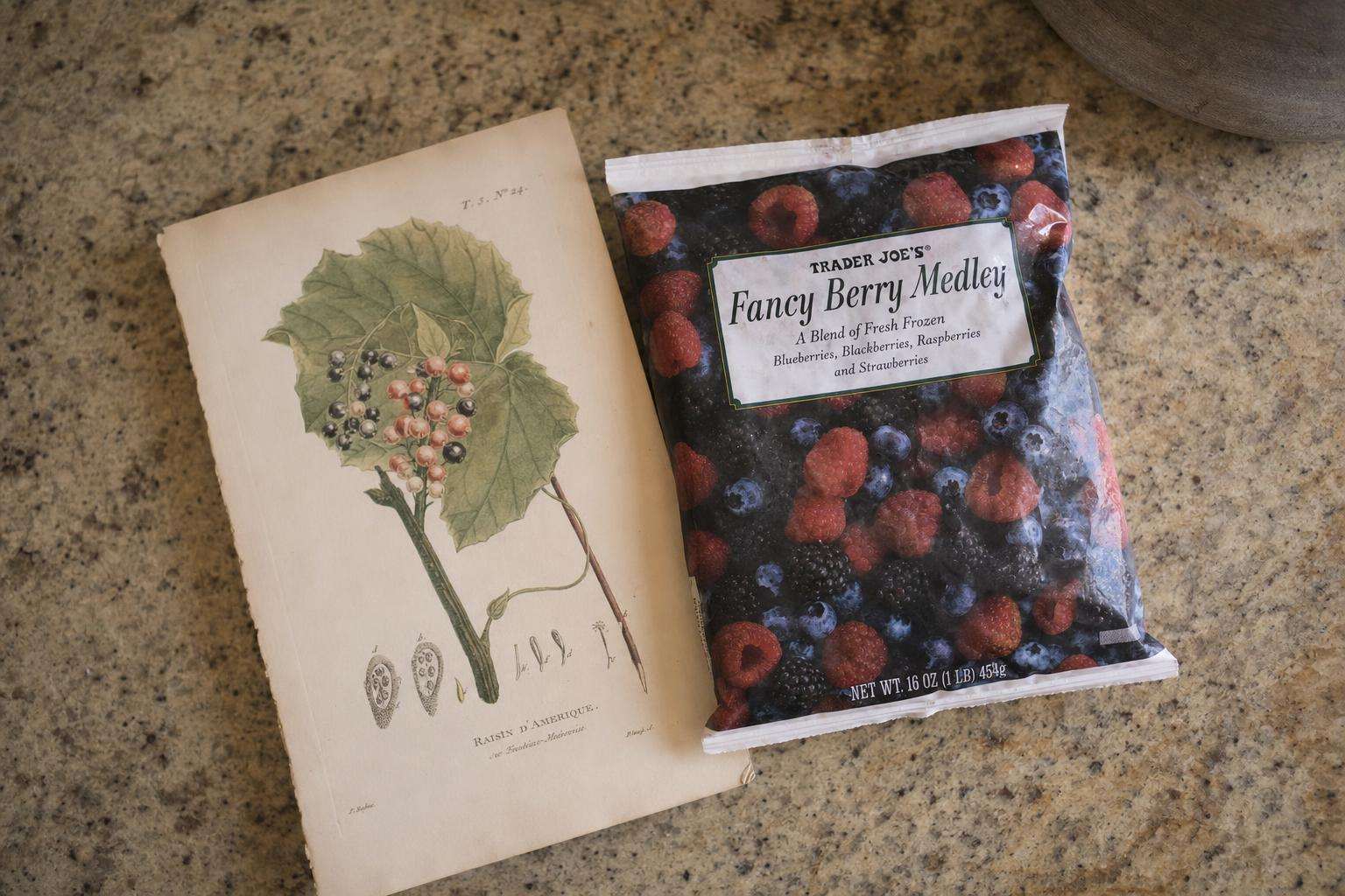 Vintage seed catalog beside modern frozen berries bag, no people