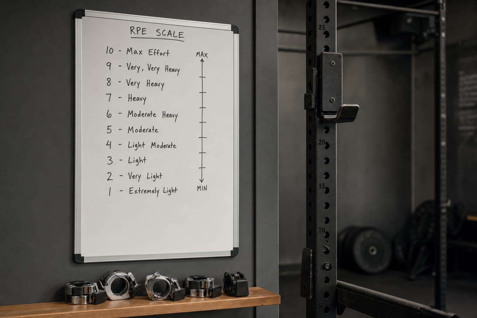 Whiteboard with RPE scale 1-10 beside a barbell collar, no people