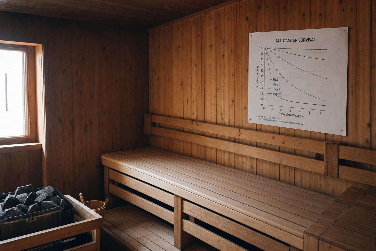 Couple of wooden sauna benches empty with heart-rate chart overlay print, no people