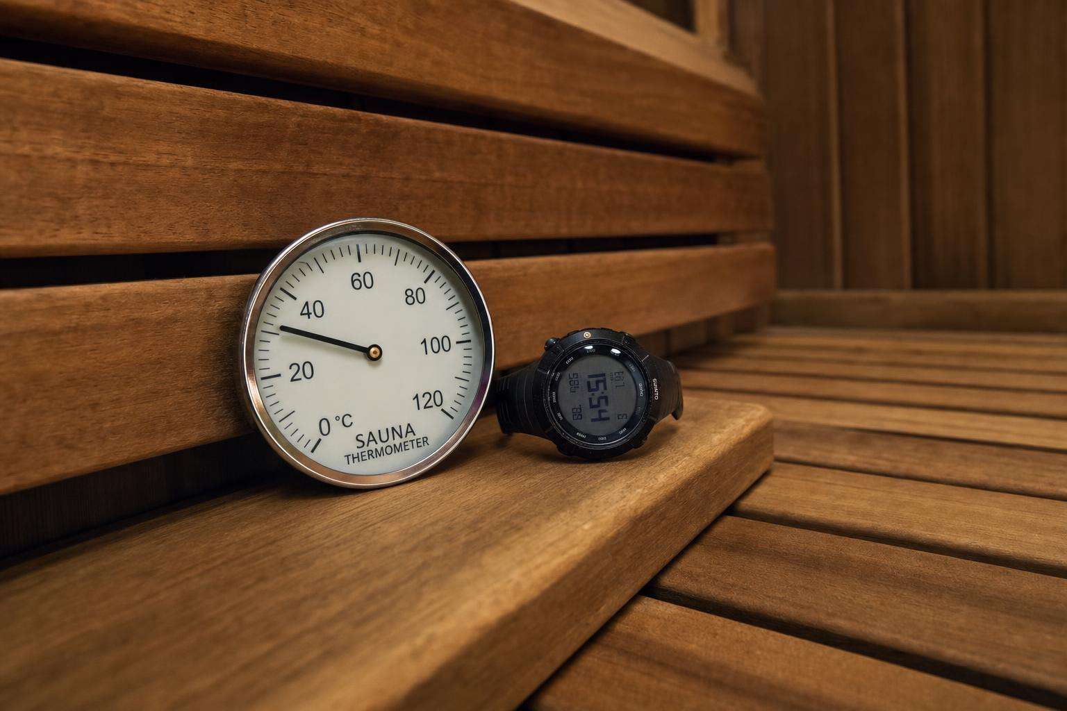 Heart-rate monitor readout concept beside sauna thermometer, no people