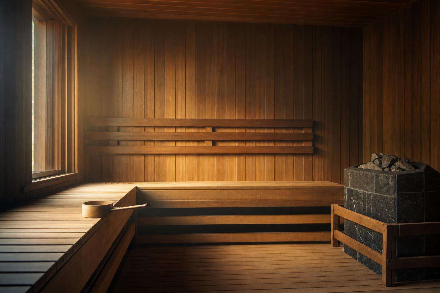 Warm wooden Finnish-style sauna interior with stove stones and soft ambient light, empty of people
