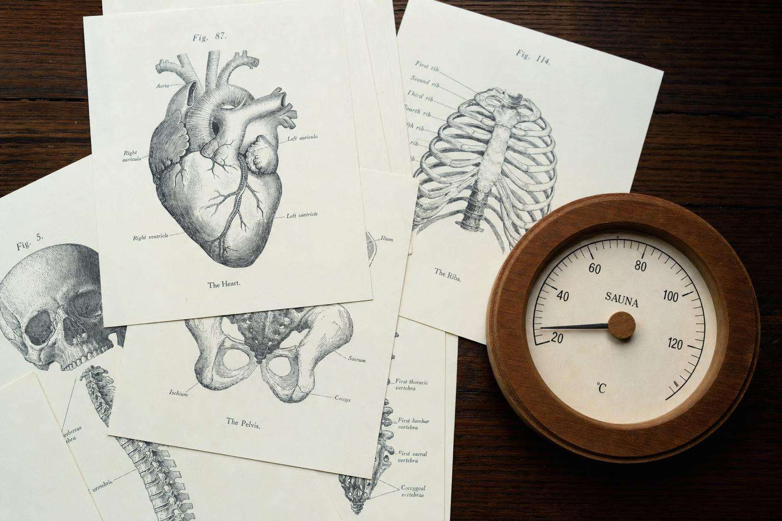 Brain and heart anatomical sketches beside sauna thermometer, no people