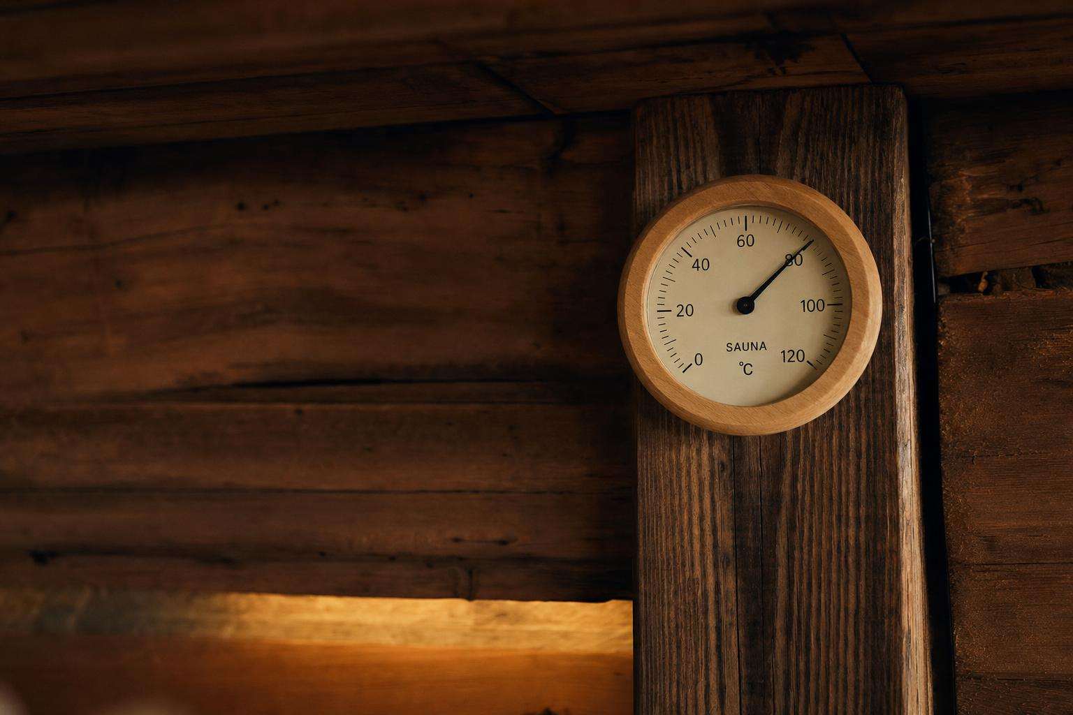 Wooden Finnish sauna thermometer and journal with heart-rate notes, no people