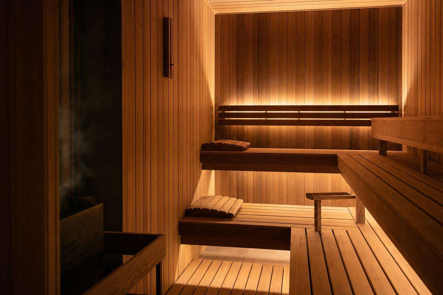 Empty wooden sauna benches with soft warm light and gentle steam, no people
