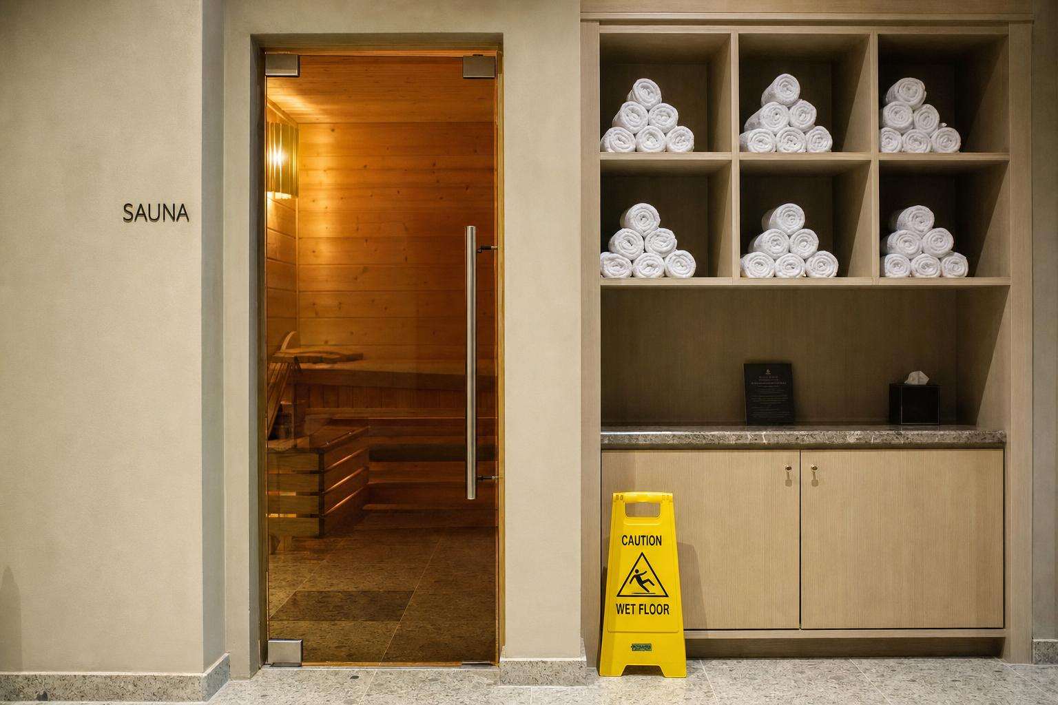 Three empty robes labeled different life stages beside sauna door, no people