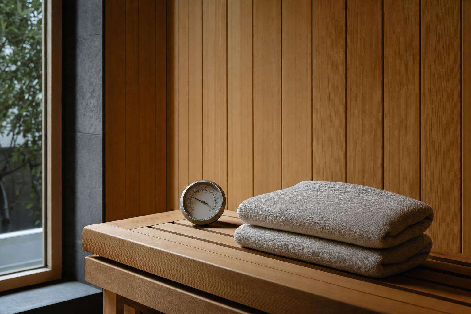 Thermometer and folded towel on a calm spa bench, no people
