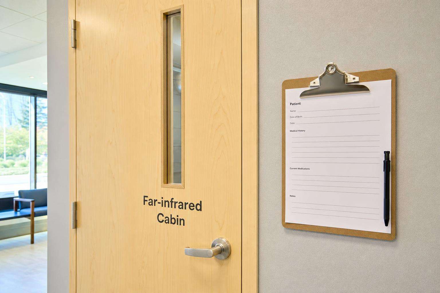 Infrared cabin exterior and clinical protocol clipboard, no people