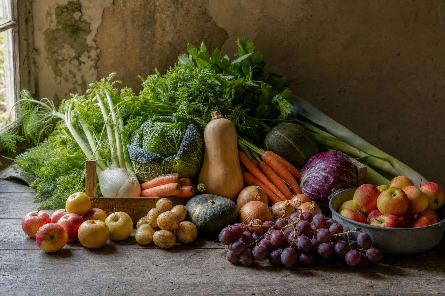 Seasonal produce arranged on a wooden table with natural window light, no people