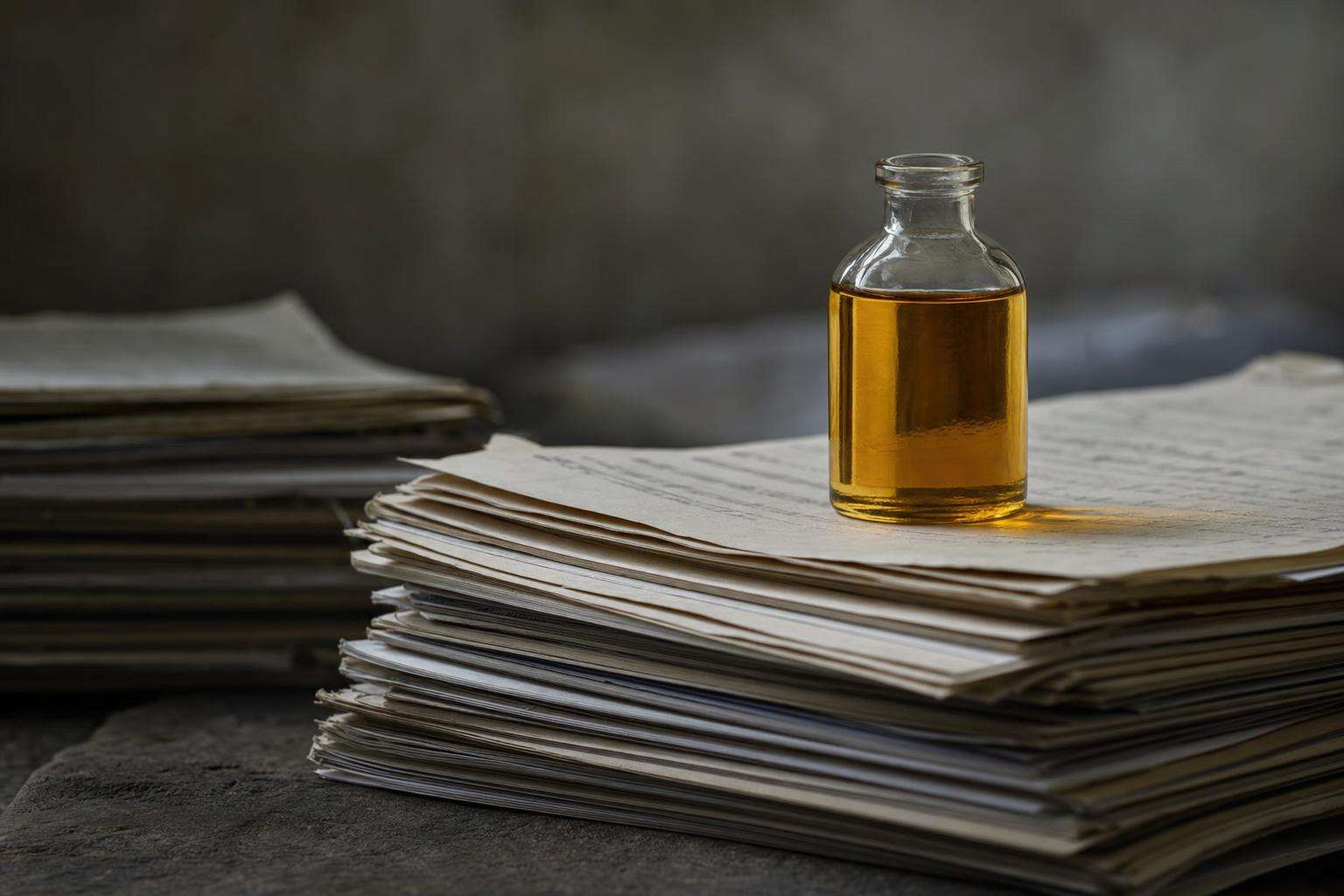 Research charts and oil bottle abstract, no people