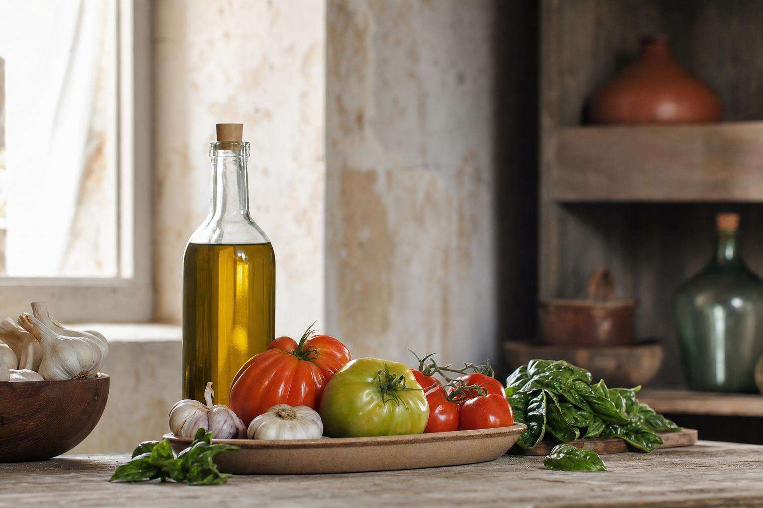 Olive oil bottle and fresh vegetables cooking scene, no people