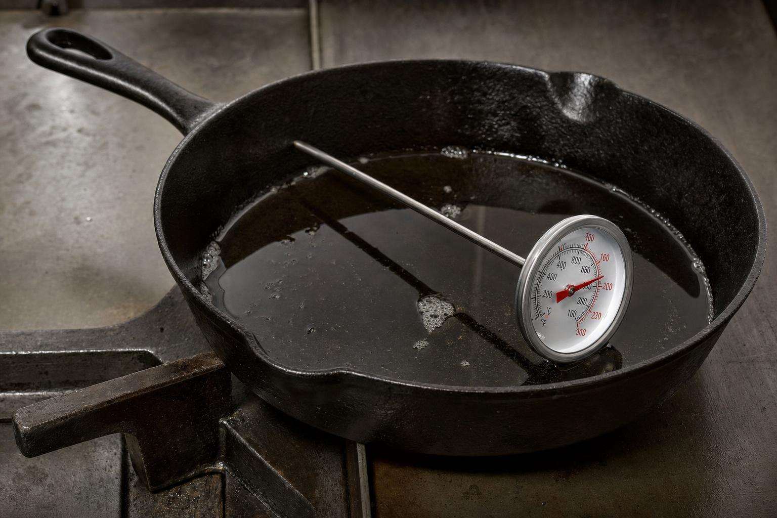 Pan searing with oil thermometer concept, no people