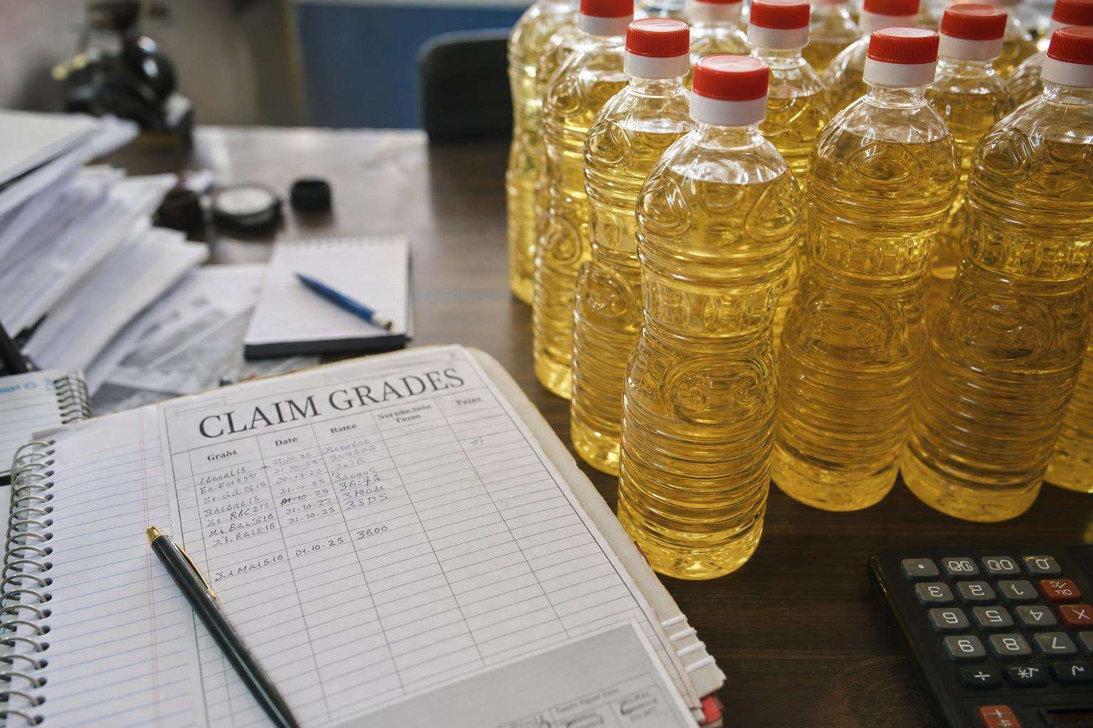 Court gavel concept beside oil bottles labeled claim grades, no people