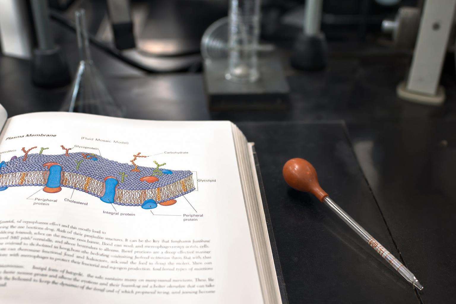 Cell membrane bilayer illustration print beside oil dropper, no people
