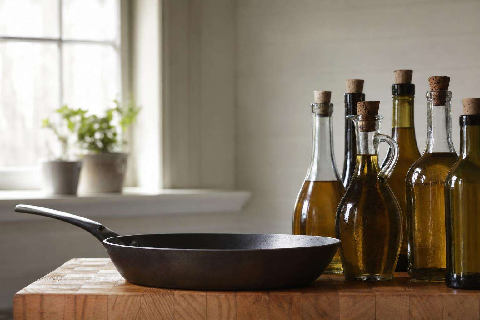 Assorted cooking oil bottles and a cast-iron pan on a wooden kitchen surface, no people
