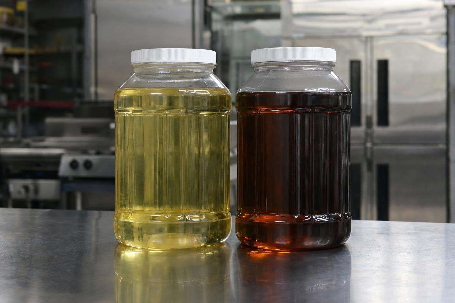 Fresh clear oil versus dark used fryer oil in two jars, no people