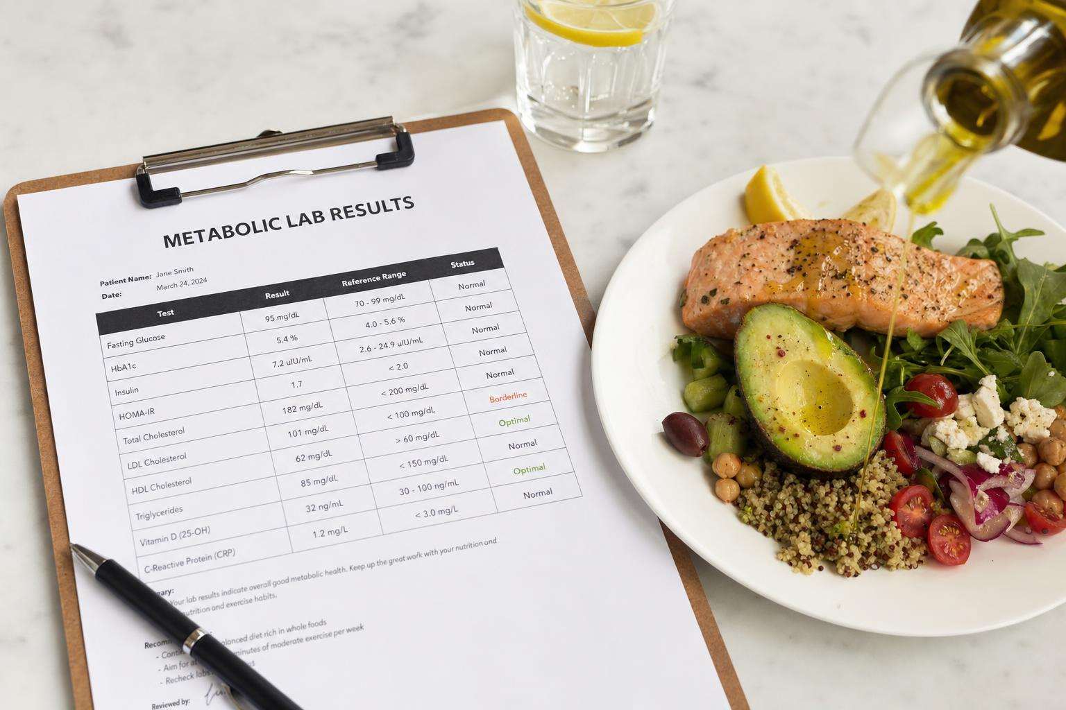 Lab lipid panel printout beside salad and oil cruet, no people
