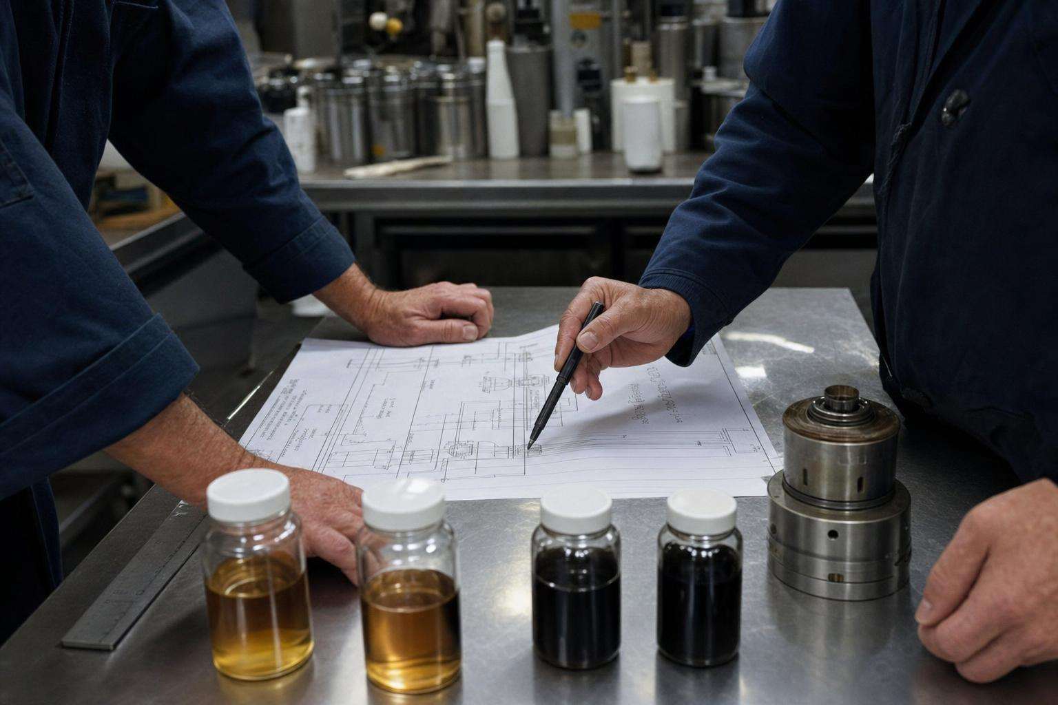 Industrial process flow diagram printout beside oil bottles, no people
