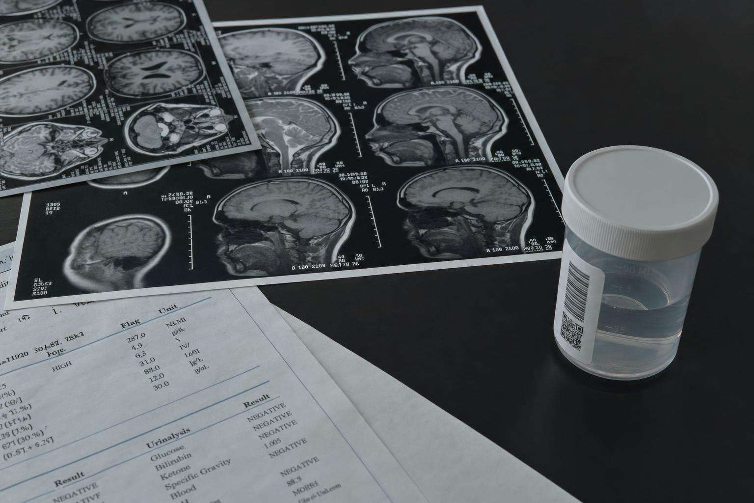 X-ray style bone illustration and water test report composition, no people