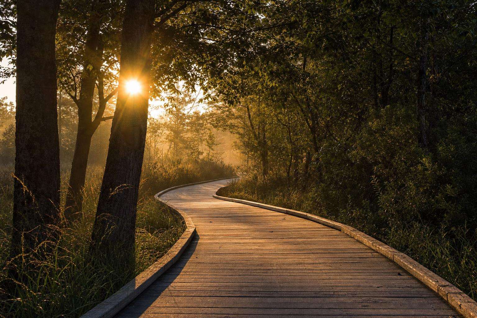 Morning sunlight casting long shadows across an empty outdoor path with trees, no people