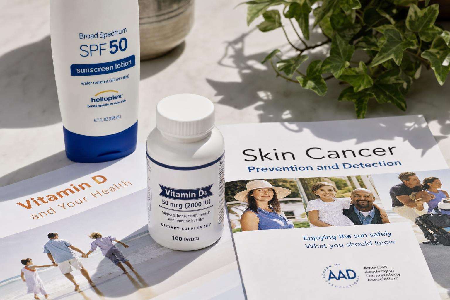 Three guideline documents beside sunscreen bottle and vitamin D softgels, no people