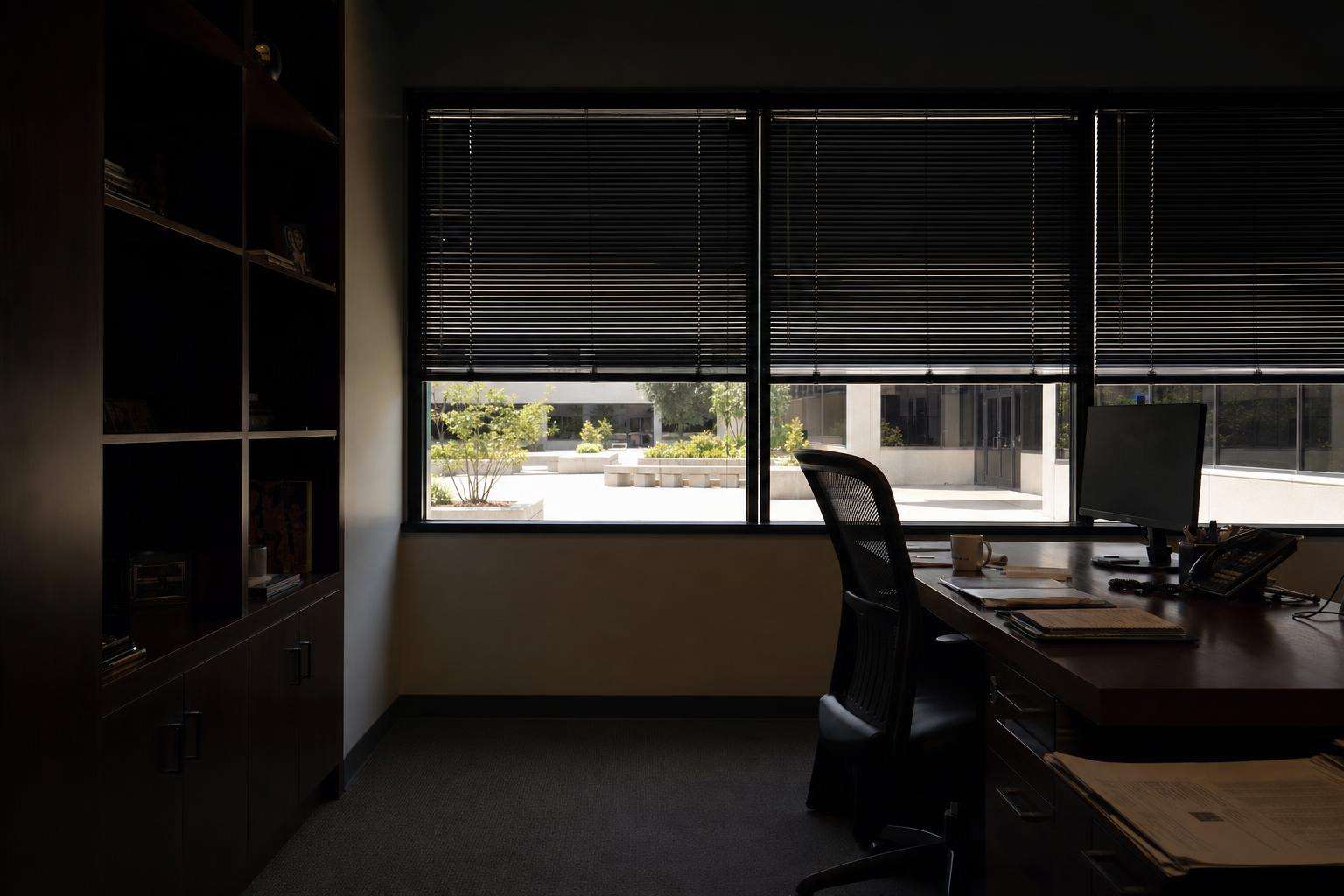 Office desk lamp and closed blinds beside vitamin D bottle, no people
