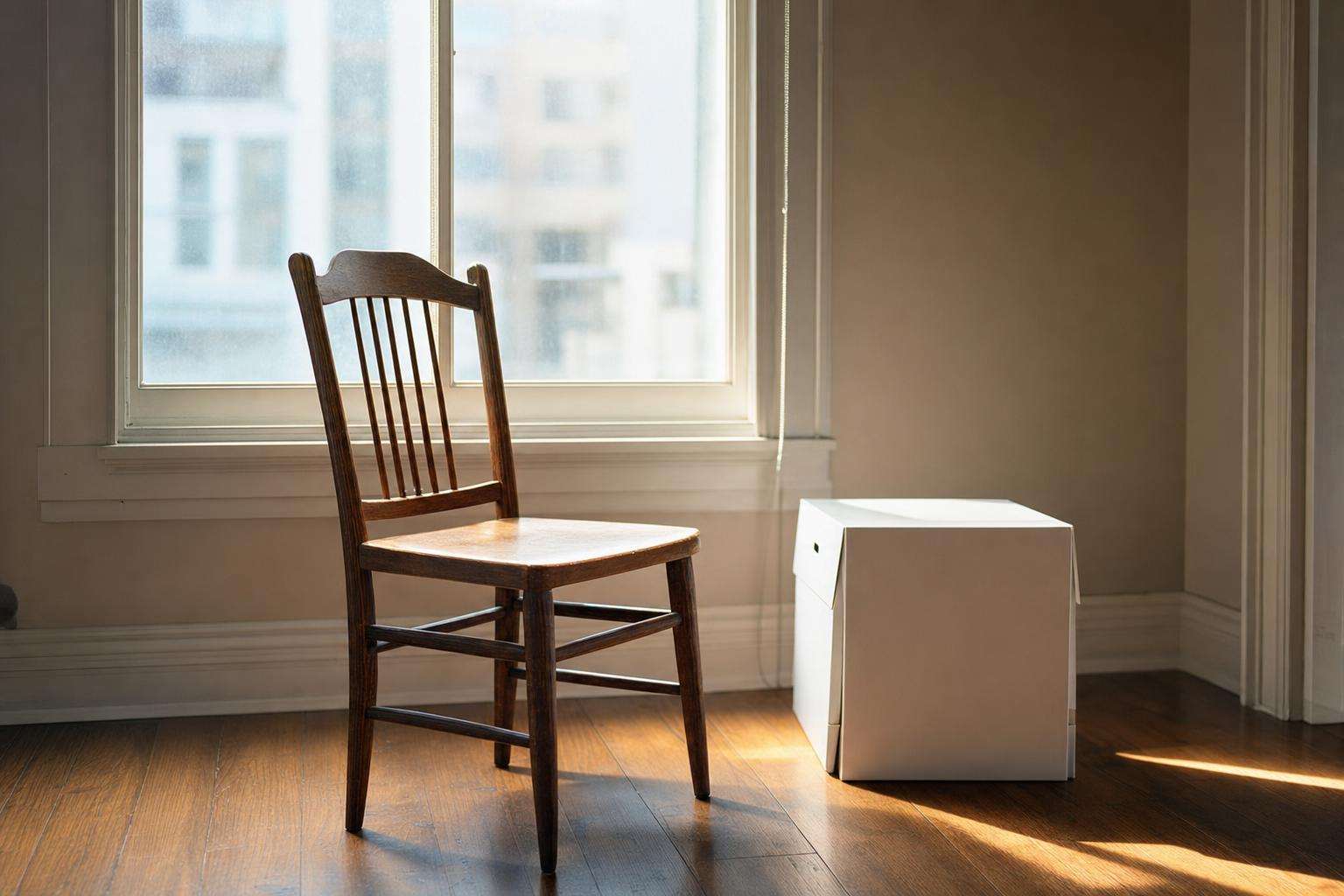 Dawn window light on empty chair and light therapy box silhouette, no people