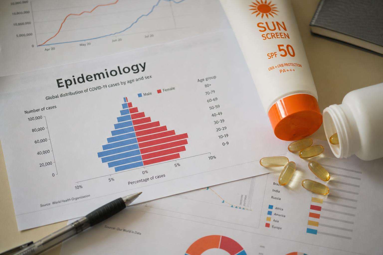 Survival curve printout beside sunscreen and vitamin D bottle, no people