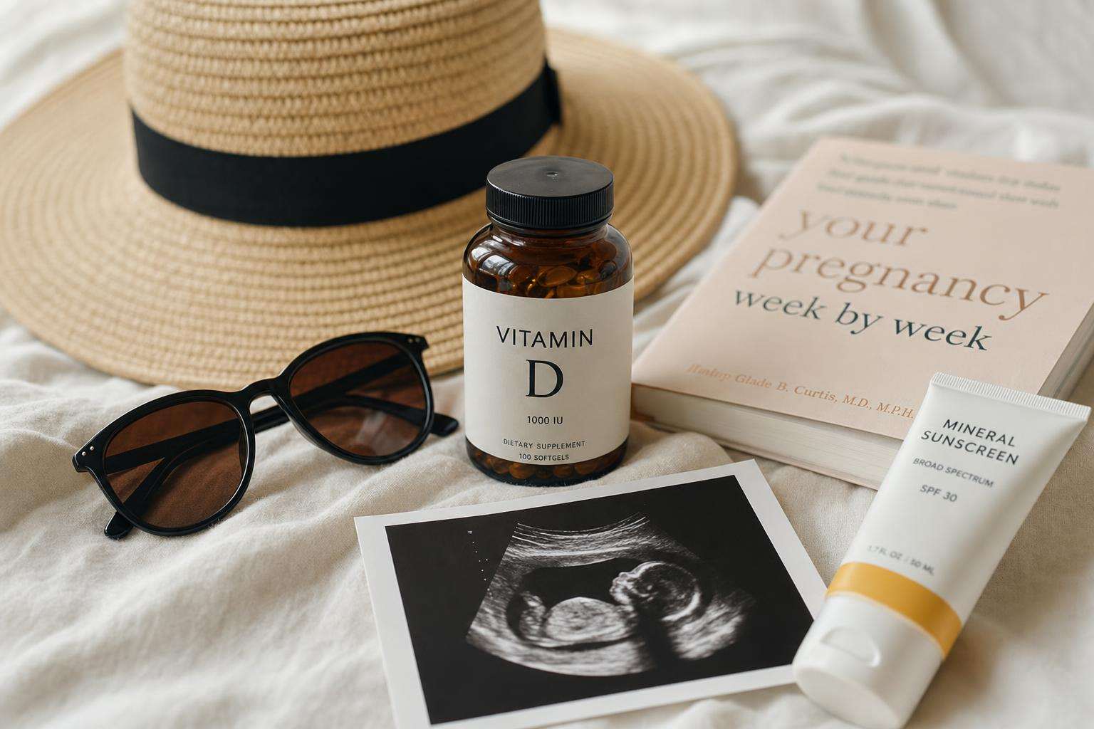 Prenatal vitamins and vitamin D bottle beside wide-brim hat, no people