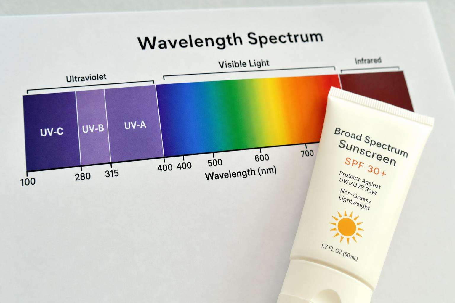 UV spectrum diagram printout with sunscreen bottle, no people