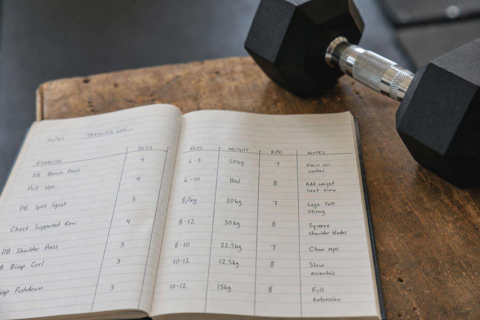 Training journal with RPE notes and calendar, dumbbell softly blurred, no people